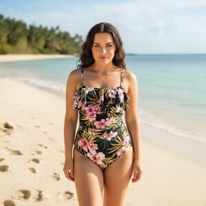 Kona Sol Women's Tropical Floral Ruffle Bust Adjustable Strap One Piece Swimsuit